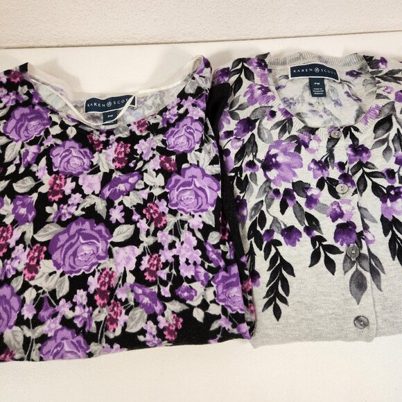 Karen Scott Tops 2Pc LS Sz PM Petite Purple Floral 1 Pullover 1 Button Up Shirt - Picture 1 of 11